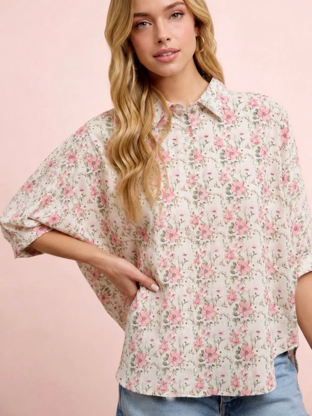 BiBi Floral Button-Up Blouse in Pink and Cream